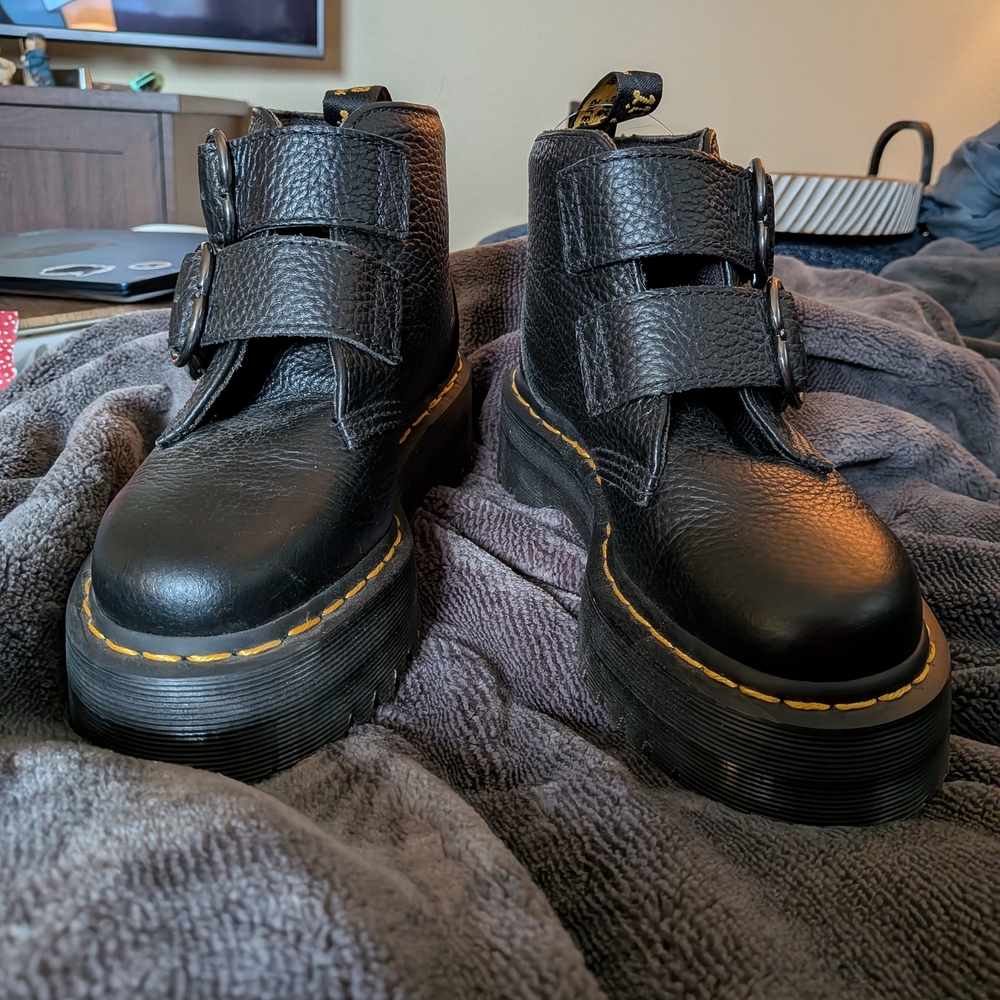 Dr. Martens Black Leather Heart Buckle Boots